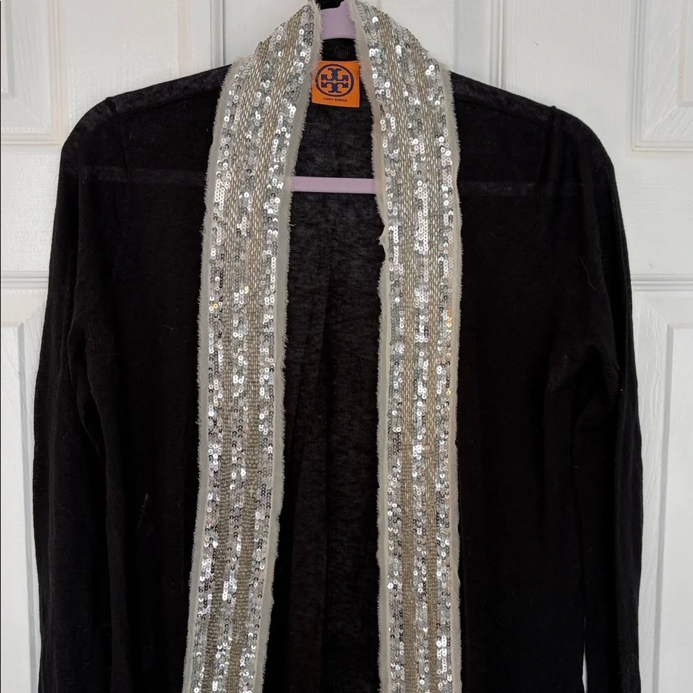 TORY BURCH QUINCY BLACK OPEN FRONT VINTAGE SWEATER CARDIGAN SILVER SEQUINS SZ S